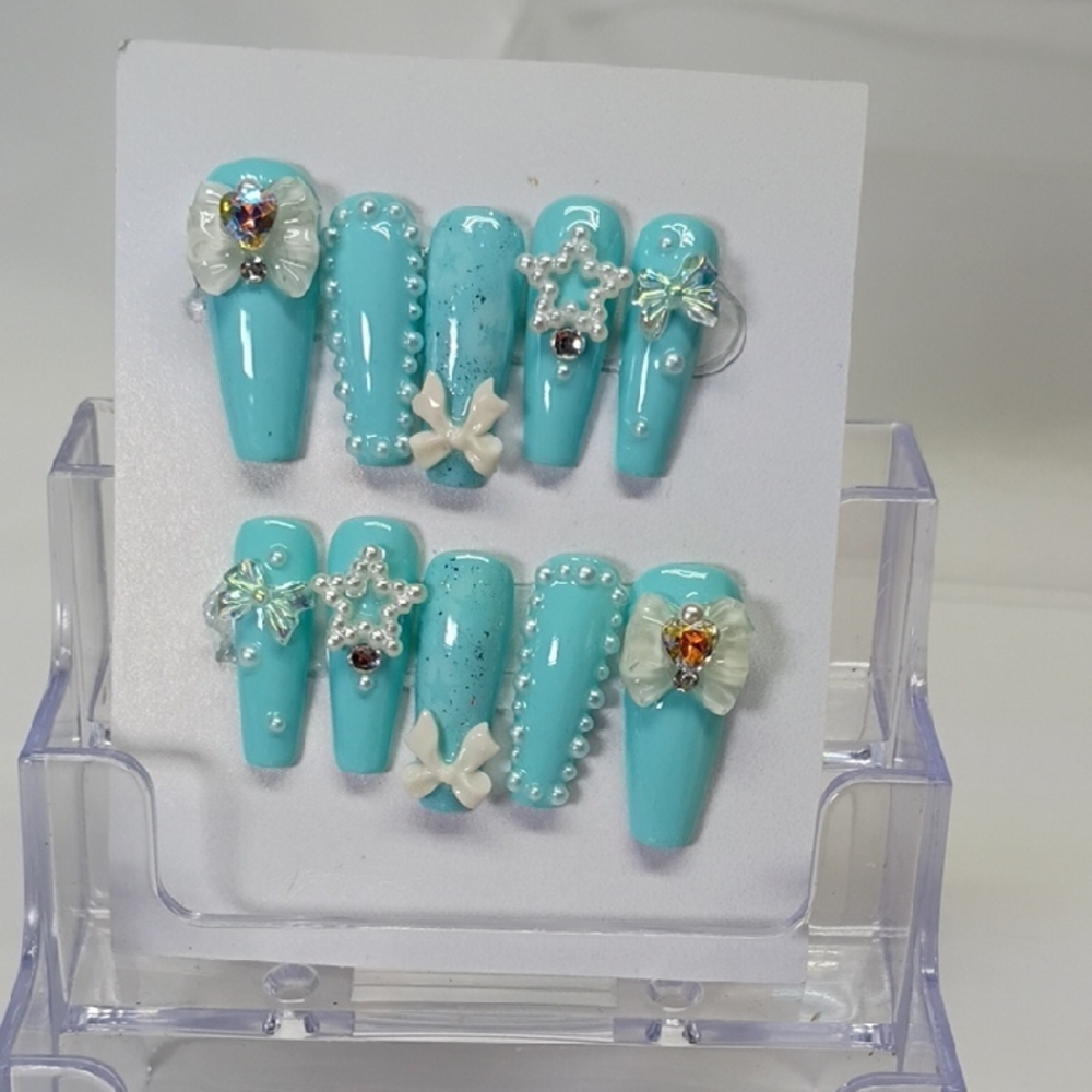 Turquoise Embellished False Nails